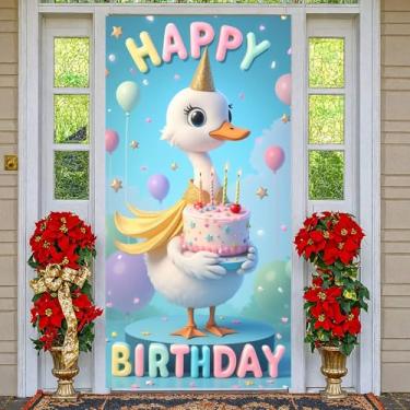 Imagem de Linda capa de porta de aniversário pato decorações balões coloridos bolo aniversário pano de fundo para festa de aniversário tema de pato chá de bebê chá de bebê adereços decorações suprimentos