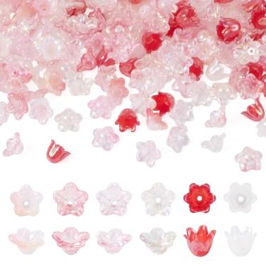 Imagem de Beadthoven 240 peças 6 estilos acrílico flor contas bonés vermelho rosa transparente trompete lírio sino tulipa contas de flor mini tampas florais capa espaçadores para fazer joias diy pulseira