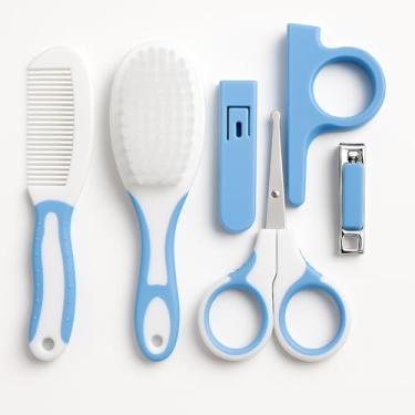 Imagem de Kit de Cuidados para Bebê Azul – Tesoura com Ponta Arredondada, Escova com Cerdas Macias, Pente, Cortador de Unhas
