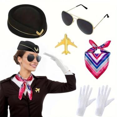 Imagem de FOUTOUKEEP Conjunto de fantasia de voo, boina, cachecol, luvas brancas, óculos de sol, broche de avião, aeromoça, uniforme, festa, cosplay de Halloween (preto)