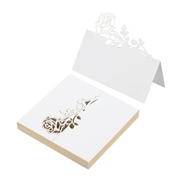 Imagem de PATIKIL 50 peças de cartões de casamento, cartões de nome, papel com glitter, etiquetas de assento dobradas para mesa buffet de comida, recepção de casamento, jantar, festa, branco