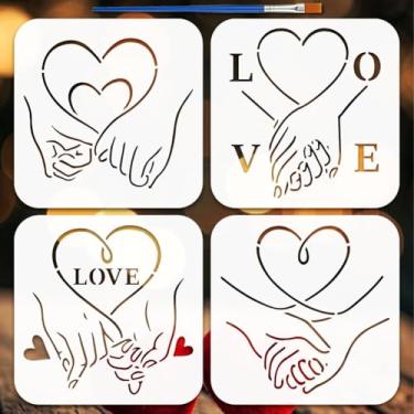 Imagem de FINGERINSPIRE 4Styles Estênceis de mãos dadas com um pincel 14 x 14 cm, estênceis de pintura romântica, modelo de tema de dia dos namorados para pintura em tecido de parede de azulejo de madeira