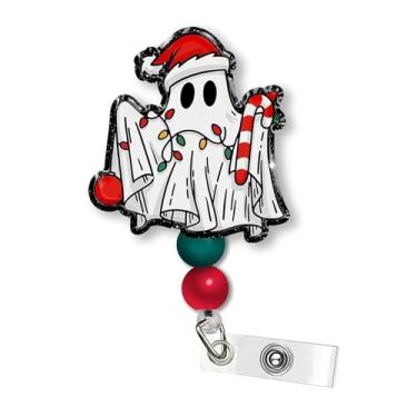 Imagem de Carretel de crachá de Natal, porta-crachá retrátil de fantasma de Natal engraçado com contas de clipe de jacaré, lindo clipe de crachá de acrílico de fantasma de inverno, acessórios de trabalho