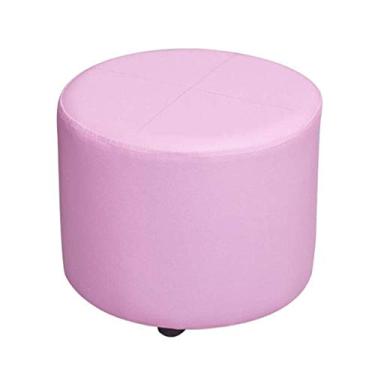 Imagem de Espreguiçadeira pequena otomana redonda de couro sintético pequeno com pernas de madeira Descanso de pés de luxo para corredor - 20 x 28 cm rosa