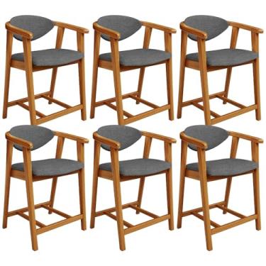 Imagem de Kit 06 Banquetas Baixa Cozinha Sala de Jantar Bancada Cecília L02 Linho Cinza Escuro - Lyam Decor