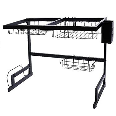 Imagem de Escorredor de louça, suporte de talheres de aço inoxidável de 2 camadas, conjunto de tigela e escorredor com bandeja coletora, 53 x 25 x 35 cm, suporte de prato preto para