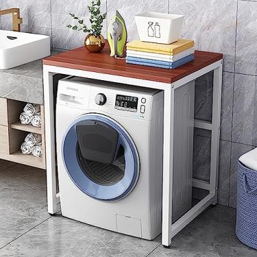 Imagem de Prateleira de armazenamento ajustável para máquina de lavar com tambor de armazenamento para cozinha pequena e banheiro, prateleira independente sobre máquina de lavar com altura e largura ajustáveis.