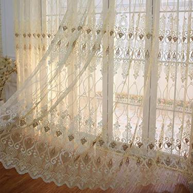 Imagem de Cortina de bordado barroco vintage, cortinas transparentes bordadas florais europeias de luxo com ilhós, cortinas de renda para sala de estar quarto - amarelo 200 x 270 cm (79 x 106 polegadas)