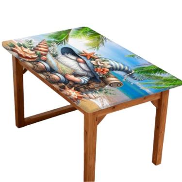 Imagem de hongjinglin Toalha de mesa retangular de 1,8 m com elástico, gnomo, verão, litoral, elástica, retangular, capa protetora de mesa lavável à prova d'água para piquenique, jantar, cozinha, decoração ao