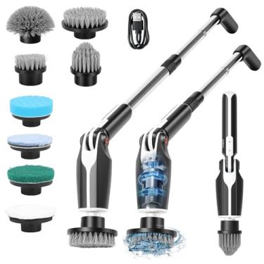 Imagem de Escova Giratoria Limpeza, Esfregão Giratório Elétrico, Esfregao de Limpeza Eletrico com 8 Cabeças de Escova, com Cabo Longo, Escova de Limpeza para Chuveiro, Banheiro, Banheira, Chão (Preto)