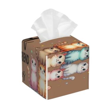 Imagem de Suporte quadrado de couro para caixa de lenços de papel, impermeável, com texto, colorido, gato, organizador de papel facial com cinto inferior, estojo de lenços para mesa, banheiro, escritório, mesa