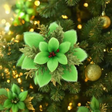 Imagem de Zeyune Pacote com 15 poinsétias de Natal de pelúcia, 14 cm, poinsétias artificiais para árvores de Natal, decorações de flores falsas com clipes e hastes para guirlanda de Natal, casamento ao ar livre