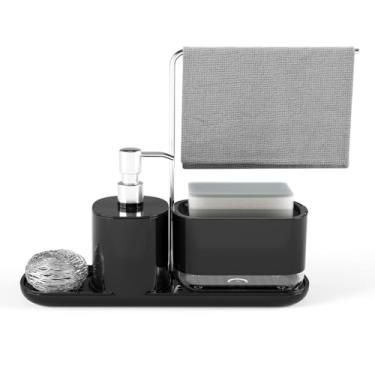 Imagem de Conjunto de Dispensadores Sabão para Mãos e Pratos com Suporte Esponja Toalha Organizador Caixa Líquido do Tipo Botão Multifuncional Cozinha Dispensador Duplo À Prova Vazamentos Design Removível Área