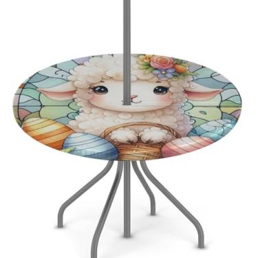 Imagem de hongjinglin Toalha de mesa de Páscoa para uso ao ar livre com orifício para guarda-chuva, toalha de mesa redonda elástica com zíper, impermeável, limpável, para piquenique, festa, pátio, serve para