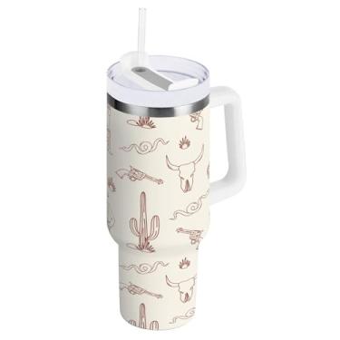 Imagem de xigua Copo vintage Western Cowboy de 1,134 g com tampa e canudo, aço inoxidável de vácuo duplo isolado garrafa de água esportiva suporte para copo de café de viagem à prova de vazamento para bebida