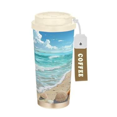 Imagem de SEHANY Caneca de viagem Summer Sea Beach Starfish 482 g Copos de café reutilizáveis revestidos de cerâmica com tampa à prova de vazamento, parede dupla, isolamento a vácuo, copo de café de aço