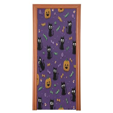 Imagem de Blueangle Capa elástica para porta de gatos pretos de Halloween - Faixa de porta frontal de tecido elástico para Halloween, decoração de festa em casa ao ar livre (415)