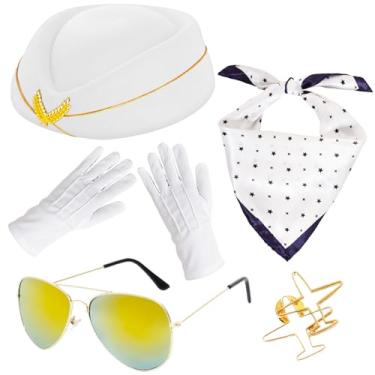 Imagem de 5 peças acessórios de fantasia de comissária de bordo feminina roupas de aeromoça, chapéu de comissária de bordo, alfinete, luvas, cachecol