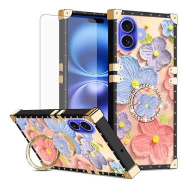 Imagem de Asuwish Capa de telefone para iPhone 16 6,1 polegadas capa magnética com protetor de tela de vidro temperado e pintura flor anel protetor à prova de choque suporte rígido i Phone16 i16 16 capa