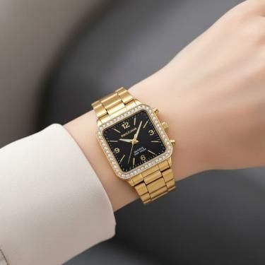 Imagem de Relógio Pallyjane Dourado Quadrado Luxo Com Brilhantes Chic