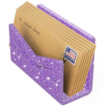 Imagem de Beego Bancada organizadora de envelopes e correios - Organizador de mesa de acrílico roxo com glitter, porta-cartas, classificador de arquivos de mesa, rack de pasta de documentos para escritório