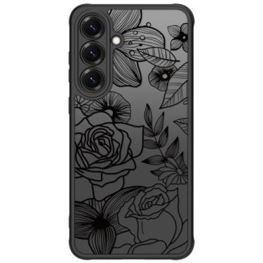 Imagem de Dumkery Capa de telefone feminina de flor compatível com Samsung Galaxy S25 FE, linda estética preta arte floral rosa padrão impressão, PC rígido proteção resistente à prova de choque para meninas e