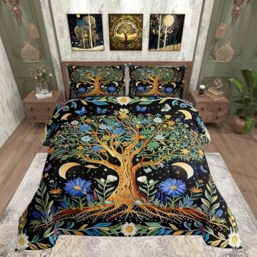 Imagem de Castle Fairy Conjunto de edredom para crianças, árvore da vida, folhas e margaridas, galáxia estrelada, boêmio, decoração de casa, azul-marinho, verde, dourado, tamanho king, 3 peças com 2 fronhas