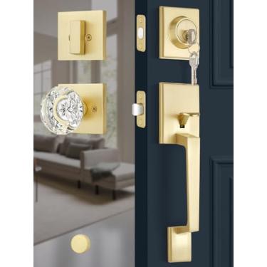 Imagem de EHOMEWARE Conjunto de fechadura de porta frontal dourada, maçaneta de porta frontal com fechadura única, conjunto de fechadura externa resistente, maçaneta de porta de entrada de latão acetinado