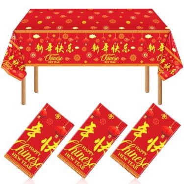 Imagem de NOVWANG Toalha de mesa de ano novo chinês, capas de mesa de plástico vermelho e dourado para decorações de Ano Novo Lunar e artigos de festa, toalha de mesa descartável