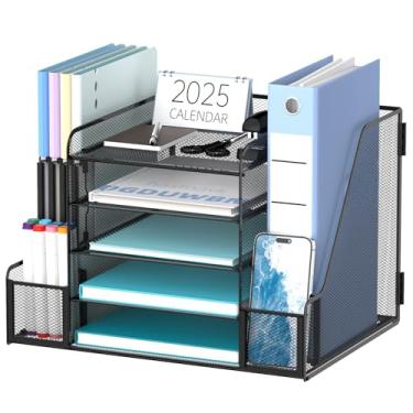 Imagem de SUPEASY Organizador de mesa com suporte de arquivo, bandeja de papel de malha de 5 camadas com suporte de revista, organizador de mesa e armazenamento para material de escritório, casa ou escola