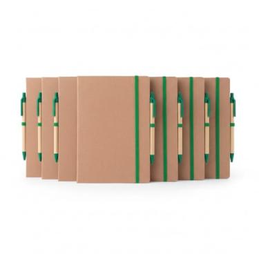 Imagem de Kit Escritório Ecológico, Caderno de Anotações em Papel Kraft 21,5x14cm com 30 Folhas Pautadas, Elástico e Suporte para Caneta, Inclui Caneta de Papel Reciclado (10, Verde)
