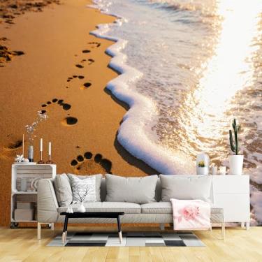 Imagem de Murais de parede de tamanho personalizado, pegadas de pôr do sol na praia, tecido de parede autoadesivo de surfe (SEM PVC) Papel de parede grande removível para sala de estar, quarto, escritório