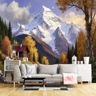 Imagem de Murais de parede de tamanho personalizado, tecido de parede autoadesivo para cabana de montanha de outono (sem PVC) Papel de parede grande removível para sala de estar, quarto, escritório