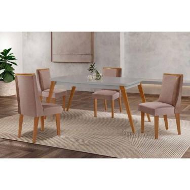 Imagem de Sala Jantar Mesa Havana Tampo c/ Vidro Curvo 120cm+4 Cadeiras Tilia Madeira Naturale/Off White - Capuccino/Linho Capuccino - Rufato