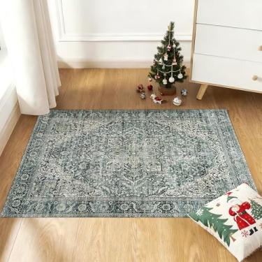 Imagem de BILEEHOME Tapete verde esmeralda escuro 2 x 3 para sala de estar, floral vintage, impermeável, antiderrapante, para homens, escritório, pisos de madeira, quarto