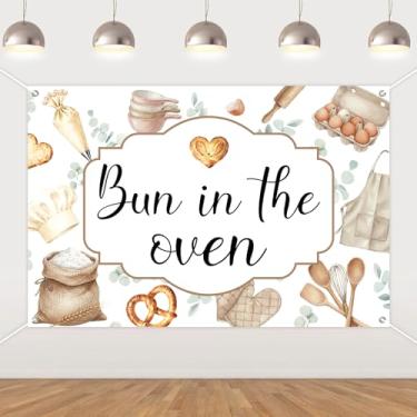 Imagem de Balterever Pano de fundo para chá de bebê Bun in The Oven – Fundo fotográfico com tema de pão de 1,5 x 0,9 m para futura mamãe | Decorações de chá de bebê estilo padaria rústica | Banner de festa de