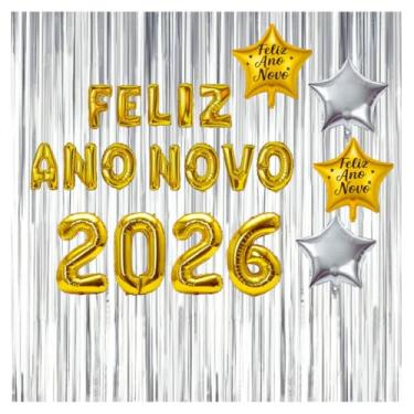 Imagem de Kit 22 Peças Balão Feliz Ano Novo 2026 Decoração Comemoração Especial+ Estrelas Cortina Metalizada(Kit 5)