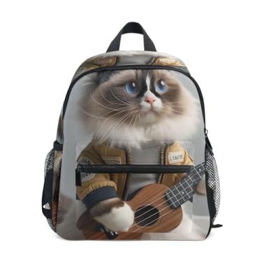 Imagem de GAIGEO Ragdoll Cat Ukulele Funny Kitten Backpack for Baby, 10x4x12 In, Backpack for Kindergarten Boys Includes Water Bottle Pockets, Whistle Clip for Safety