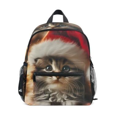 Imagem de GAIGEO Cute Christmas Kitten Santa Cat Little Kid Backpack 10x4x12 In, Kindergarten Backpack for Boys with Water Bottle Pockets, Whistle Buckle