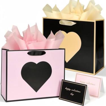 Imagem de SPERPAND Sacos de presente de dia dos namorados de 33 cm com papel de seda e cartões, pacote com 2 sacos grandes de dia dos namorados com alças para homens, mulheres, meninas, casamentos, festas de
