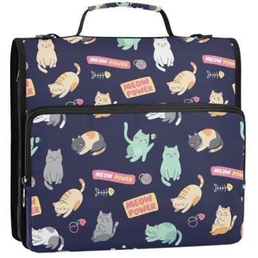 Imagem de Organizador de fichário grande com zíper de 3,5 cm, 3 anéis, resistente, fofo, gato, peixe, estojo de armazenamento escuro com alça para fichários escolares com alça de ombro, 34,5 x 31,5 x 8,9 cm
