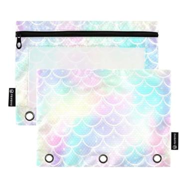 Imagem de Bolsa de lápis com escamas de sereia pastel com 3 anéis, fichário com zíper, bolsa para lápis, caneta, trabalho, escola, bolsos transparentes, 25 x 18 cm, 2 pacotes
