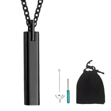 Imagem de NIIIYTYB Colar de urna masculino com pingente de cinzas de cremação, joia que contém cinzas humanas para guardar restos cremados, aço inoxidável, suporte de cinzas, urnas e pingente preto