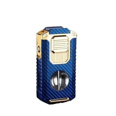Imagem de JDIME Isqueiro portátil multifuncional com suporte de cigarro em forma de V para cortador de charutos, gosto de cavalheiro (azul)