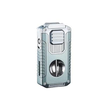 Imagem de JDIME Isqueiro portátil multifuncional com suporte de cigarro em forma de V para cortador de charutos, Gentleman's Taste(cinza)