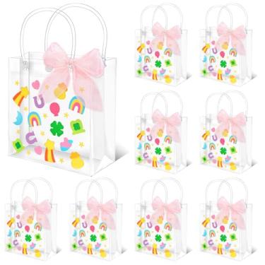 Imagem de Whaline 12 peças de sacolas de presente de PVC transparente para o dia de São Patrício, sacolas de lembrancinhas de festa com alças e berloques da sorte, sacola com fita para chá de bebê irlandês