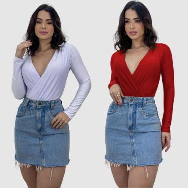 Imagem de Kit 2 Body Feminino Decote V Transpassado Manga Comprida Tendência Inv