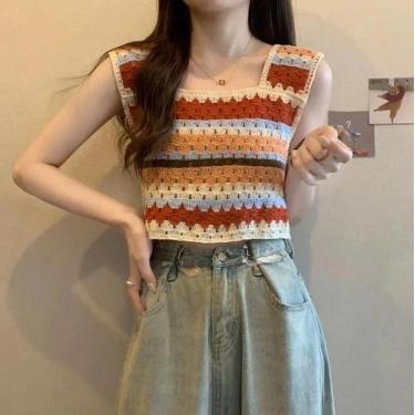 Imagem de Top Cropped Sem Mangas De Crochê Arco-Íris Para Mulheres, Decote Quadr