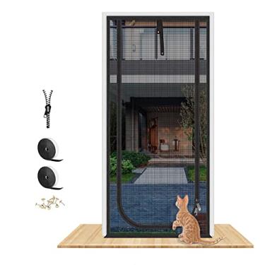 Imagem de QWR A porta de tela para animais de estimação atualizada serve para abrir portas de até 91 x 213 cm, porta de tela resistente à prova de gatos com fecho de zíper, evita que os gatos saiam de casa