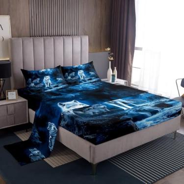 Imagem de Erosebridal Jogo de lençol casal com estampa de lobo, lua e lago, céu estrelado, exótico, tribal, lobo selvagem, com 2 fronhas, lençol de cima azul